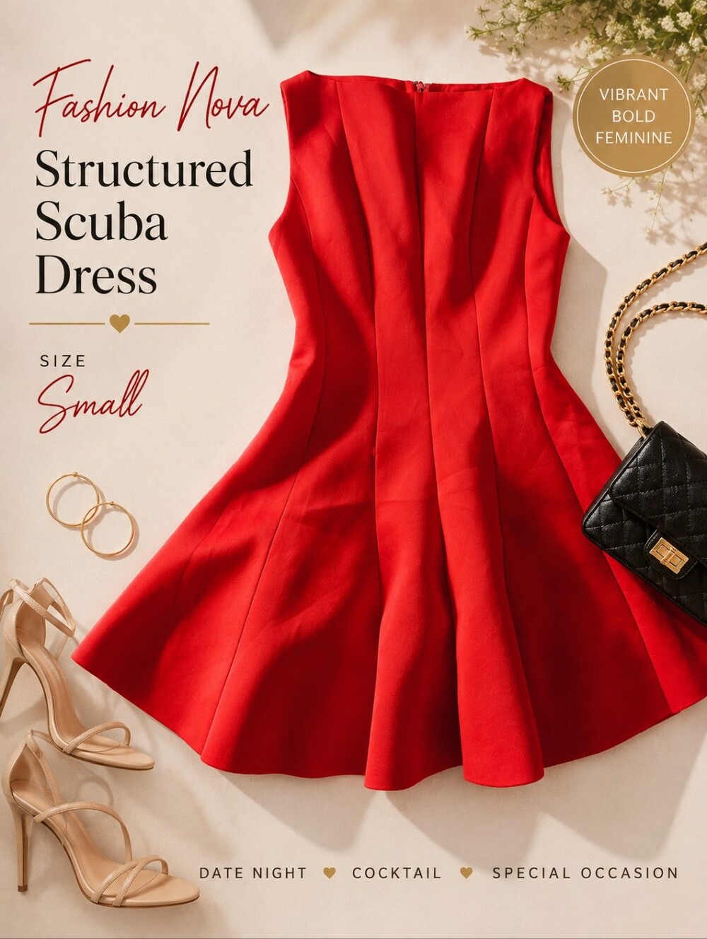 Fashion Nova Red Structured Scuba Fit & Flare Dress Size Small